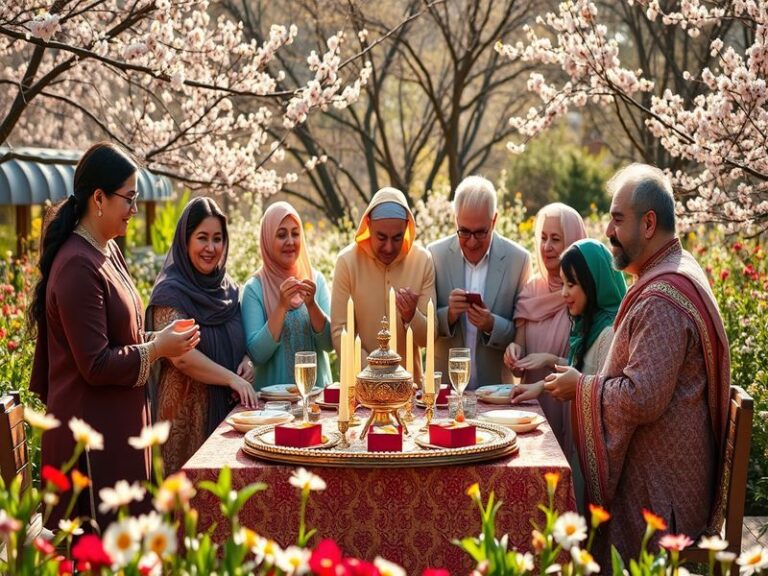 A vibrant Haft-Seen table adorned with symbolic items, colorful flowers, and traditional Persian decor, representing the esse