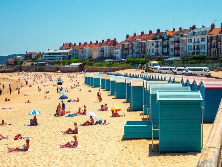 A scenic view of Weymouth beach with golden sands, colorful beach huts, and a vibrant harbor filled with boats.