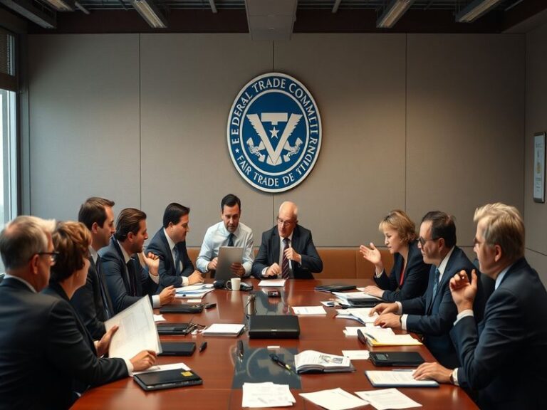 An image depicting the Federal Trade Commission building with a clear blue sky, symbolizing oversight and consumer protection
