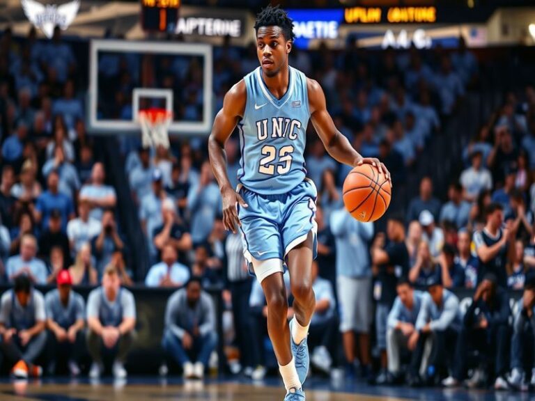 A dynamic action shot of Caleb Wilson in a North Carolina Tar Heels uniform, mid-jump shot over a defender during a game at t