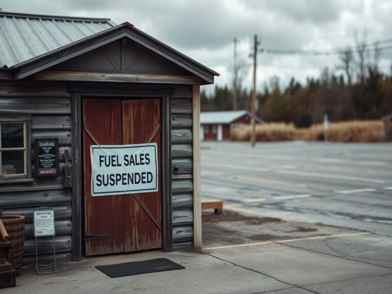 An image depicting Youlgrave Garage with a 'Fuel Sales Suspended' sign in front, showcasing the empty fuel pumps and a concer