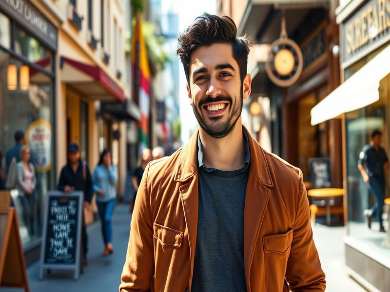 A portrait of Sam Asghari in a stylish urban setting, showcasing his fitness physique and charismatic smile.