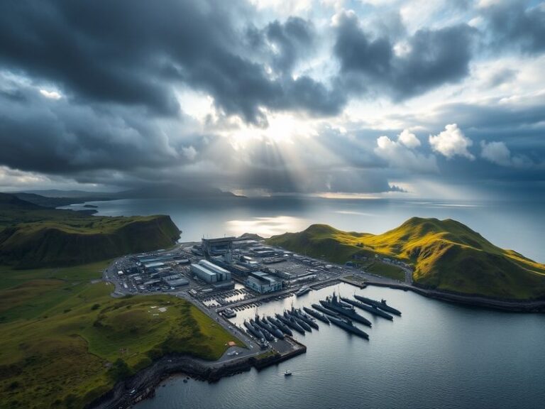 An aerial view of Faslane naval base, showcasing its submarines docked at the harbor, surrounded by lush green landscapes and