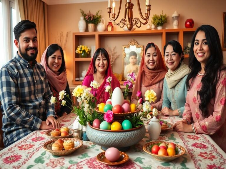 تصویری از سفره هفت سین با عناصر رنگارنگ و تزئینات نوروزی، نمایانگر جشن سال نو.