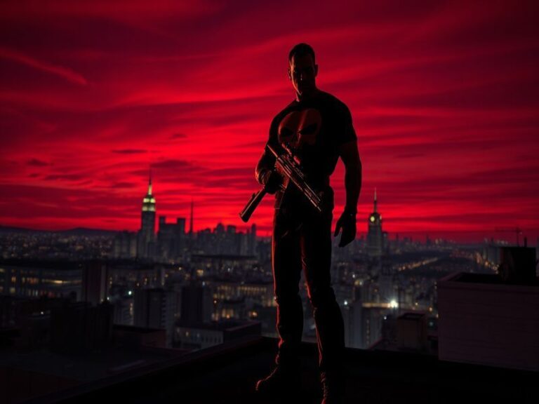 An illustration depicting The Punisher in a dramatic pose, surrounded by shadows, symbolizing his internal struggle and compl