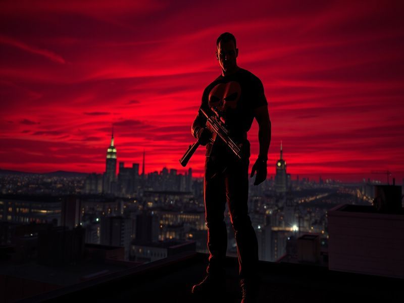 An illustration depicting The Punisher in a dramatic pose, surrounded by shadows, symbolizing his internal struggle and compl