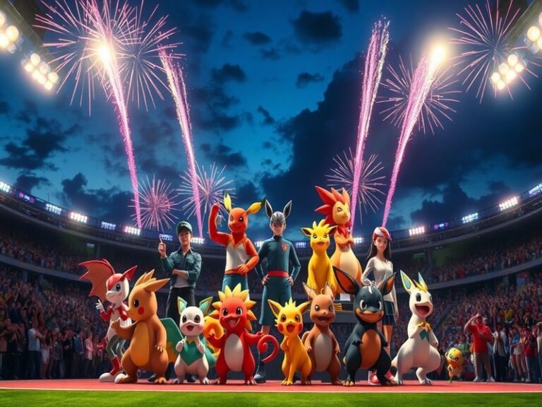 An illustration of various Pokémon champions in an epic battle setting, showcasing iconic Pokémon and vibrant backgrounds.