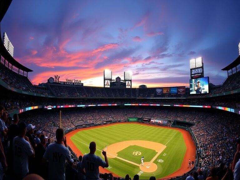 A panoramic view of Yankee Stadium during a night game, showcasing the illuminated exterior and enthusiastic crowd.