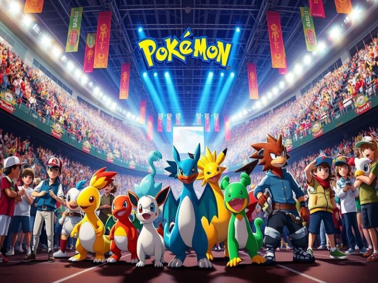 An illustration of various Pokémon Champions from different regions, showcasing their unique styles and Pokémon teams in a vi