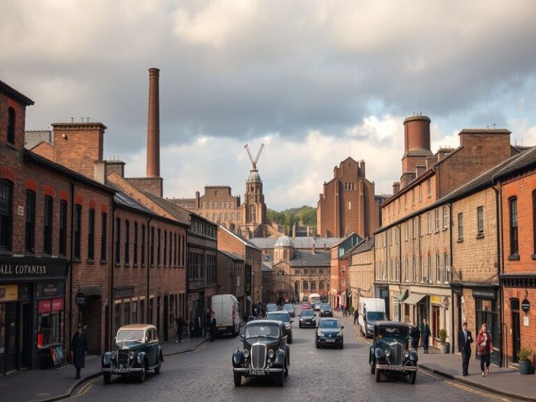 A scenic view of Oldham's town center, showcasing a blend of historic architecture and modern shops, with a vibrant community
