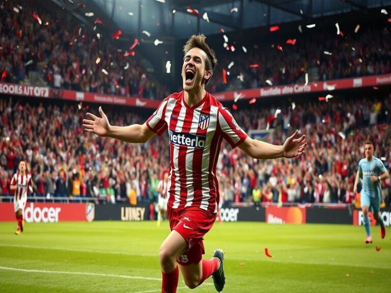 An action shot of Antoine Griezmann celebrating a goal, wearing Atlético Madrid colors, with a vibrant stadium background fil