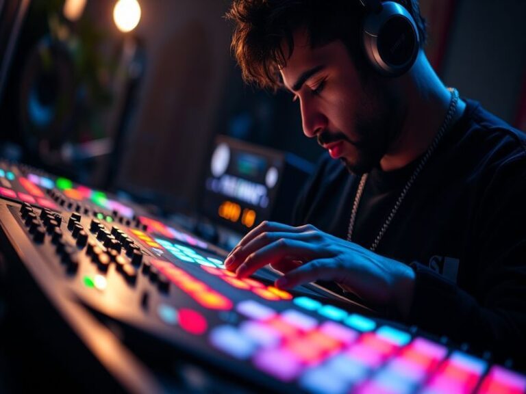 An image showcasing a close-up of an MPC device with colorful pads, surrounded by music production gear in a studio setting.