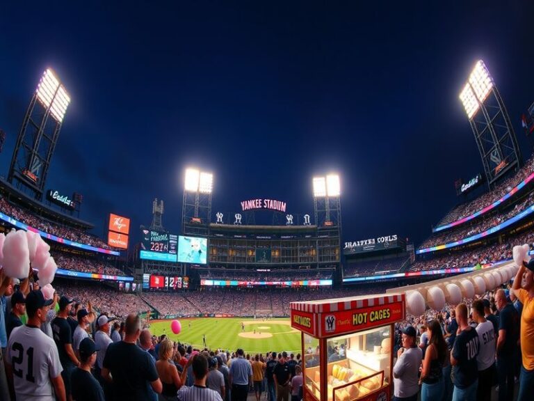 A panoramic view of Yankee Stadium during a night game, showcasing the vibrant crowd and illuminated scoreboard.