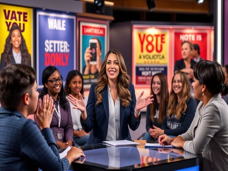 An engaging portrait of Abby Huntsman in a studio setting, smiling confidently while seated at a news desk, surrounded by bro