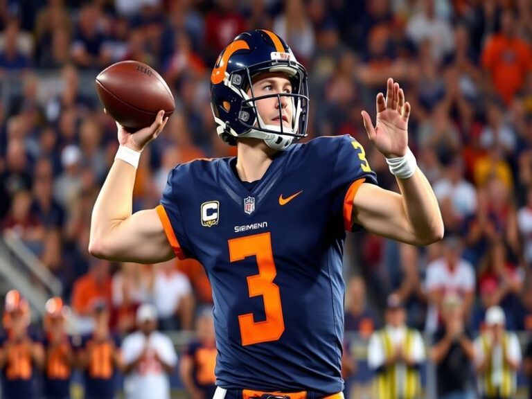 A dynamic action shot of Trevor Siemian in a football game, wearing his team uniform, focused on throwing a pass with a packe