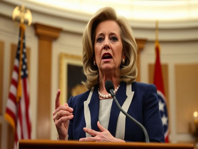 A portrait of Marsha Blackburn in a formal setting, showcasing her confident demeanor and professional attire, with a backdro