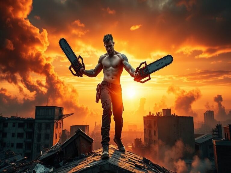 A dynamic illustration of a pivotal scene from Chainsaw Man Chapter 232, featuring intense character expressions and action-p