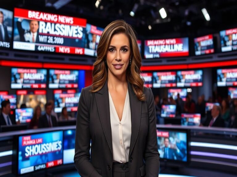 A professional portrait of Abby Huntsman, smiling confidently, with a backdrop of a news studio, reflecting her career in med