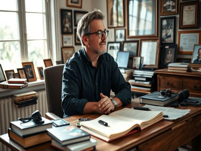 A dynamic portrait of Brett Larson speaking at a sports panel, with a microphone in hand and an engaged audience in the backg