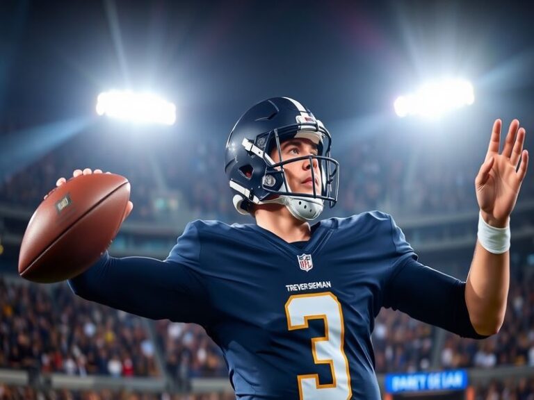 An action shot of Trevor Siemian in a football uniform, focused on the field, with a stadium filled with fans in the backgrou