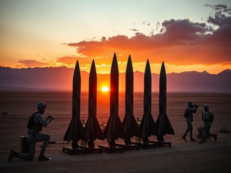 A detailed map of Iran highlighting missile bases, with military personnel analyzing data, set against a backdrop of a milita