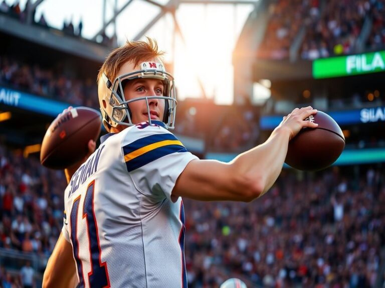 An action shot of Trevor Siemian in a football uniform, poised to throw a pass on the field, surrounded by teammates and an i