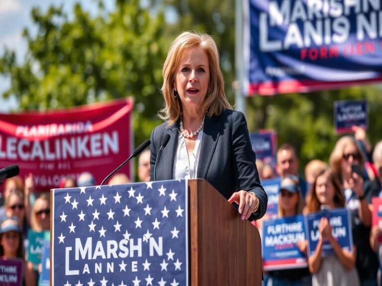 A portrait of Marsha Blackburn in a formal setting, showcasing her professional demeanor, with an American flag subtly in the
