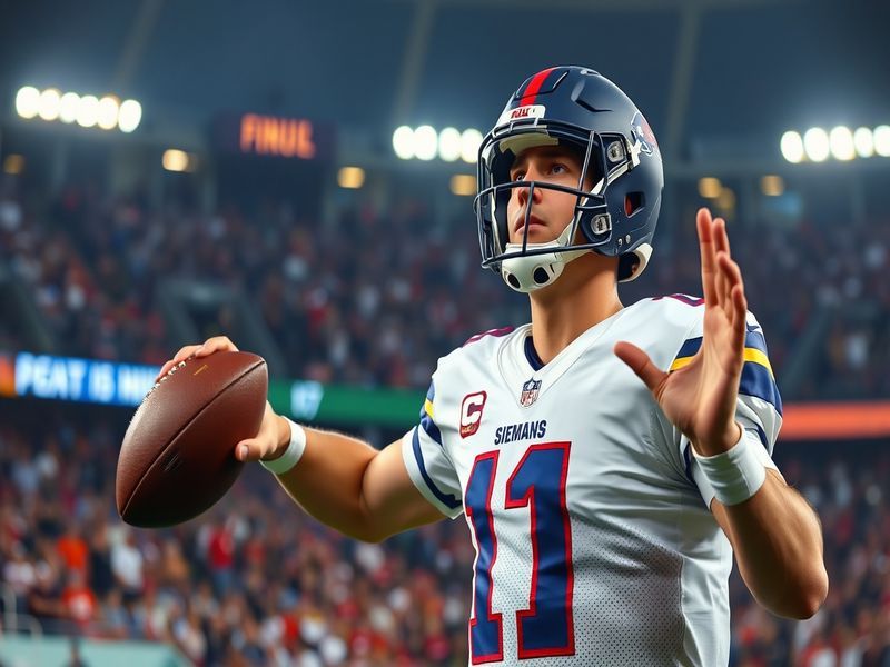 An action shot of Trevor Siemian in a football uniform, poised to throw a pass during a game, with fans in the background che