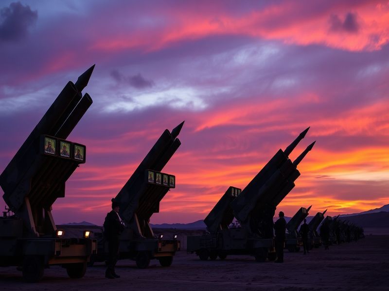 An image depicting various types of missiles in an Iranian military parade, showcasing military might and technology.