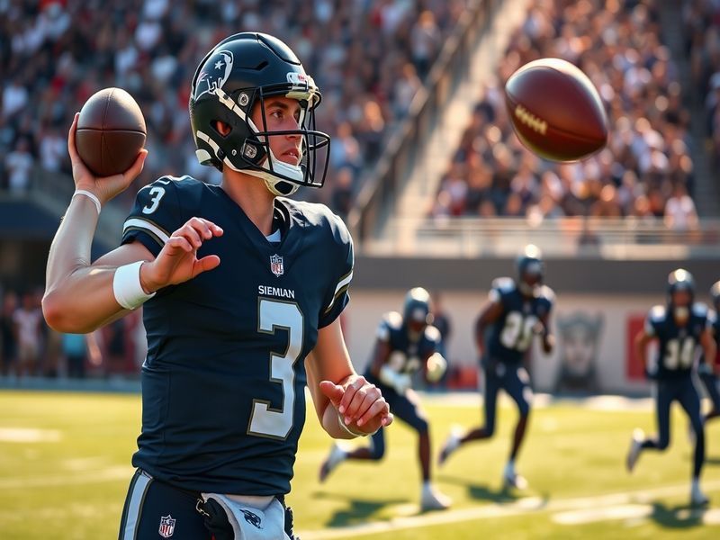 A dynamic action shot of Trevor Siemian in a football uniform, poised to throw a pass during a game, with a stadium backdrop