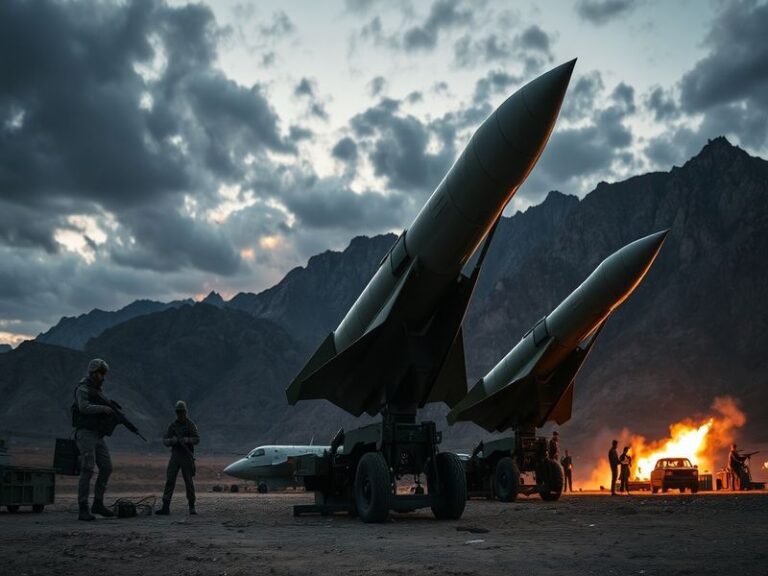 A military parade showcasing Iran's missile capabilities, featuring various missile types on display with a backdrop of milit