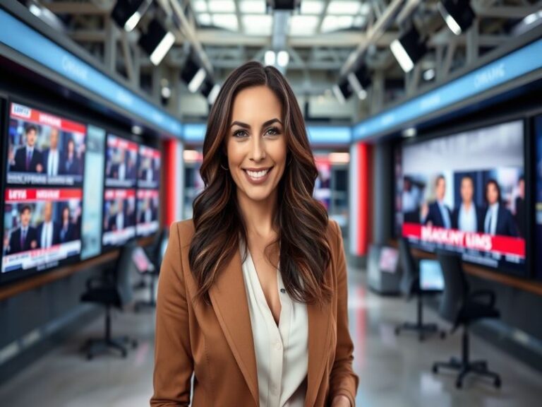 A professional portrait of Abby Huntsman, showcasing her confident demeanor, with a backdrop of a news studio.
