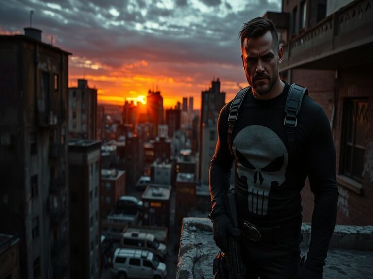 A dynamic illustration of The Punisher in action, showcasing his iconic skull logo and intense expression, set against a grit