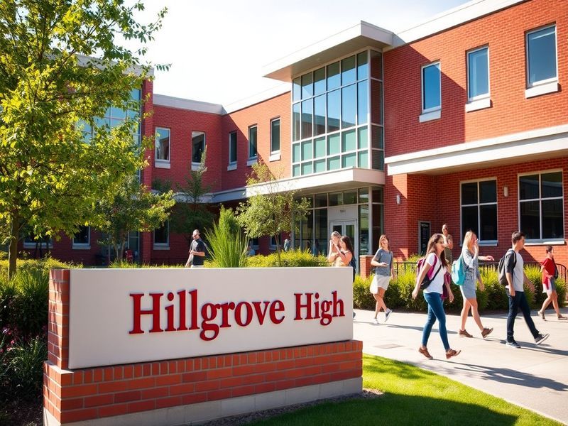 A vibrant image of Hillgrove High School's exterior, showcasing its modern architecture and a diverse group of students engag