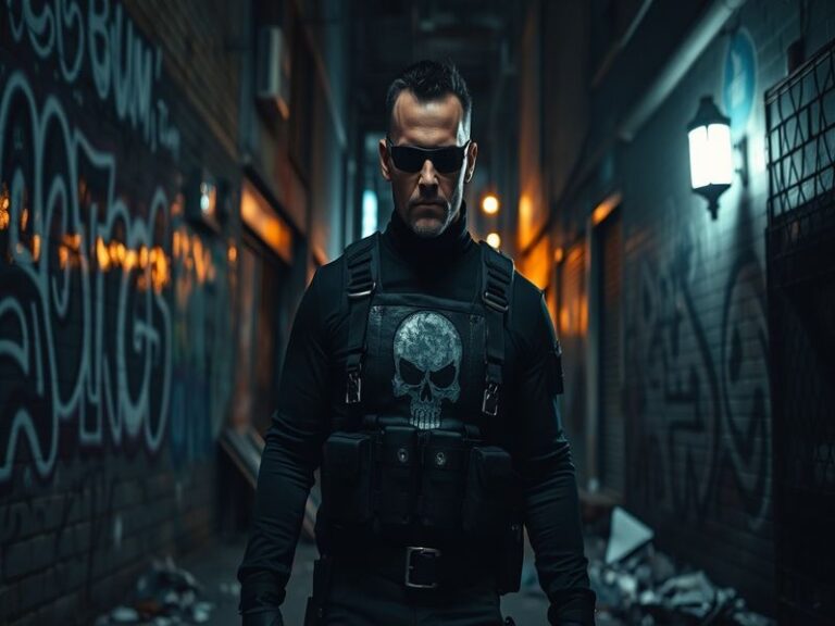 An illustration of The Punisher in a gritty urban setting, showcasing his iconic skull symbol and intense expression, conveyi