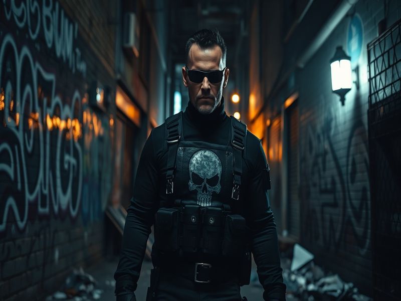 An illustration of The Punisher in a gritty urban setting, showcasing his iconic skull symbol and intense expression, conveyi