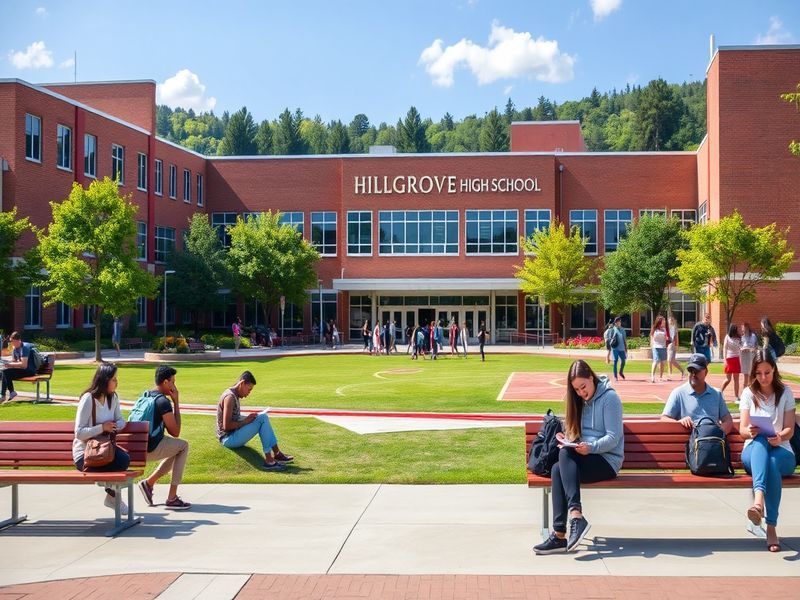 A vibrant image of Hillgrove High School's exterior, showcasing students engaged in various activities, with greenery and sch
