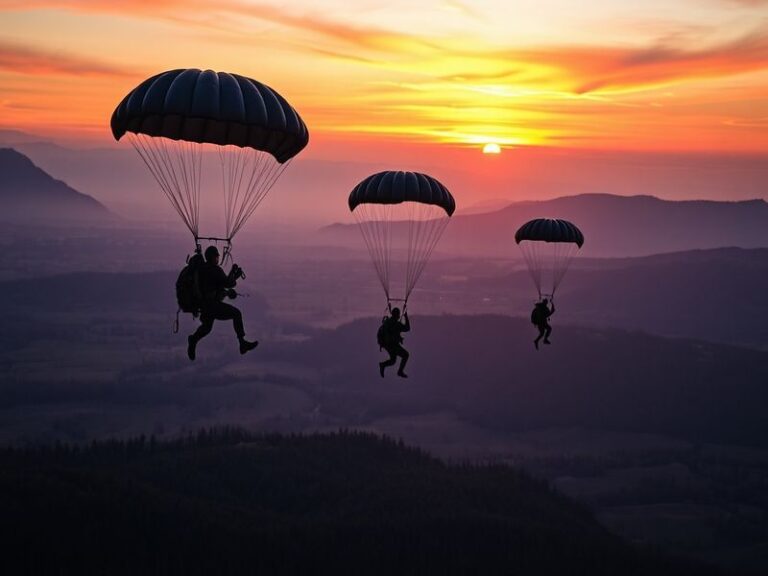 A dynamic image of 82nd Airborne Division soldiers parachuting from a C-130 aircraft, showcasing their readiness and commitme