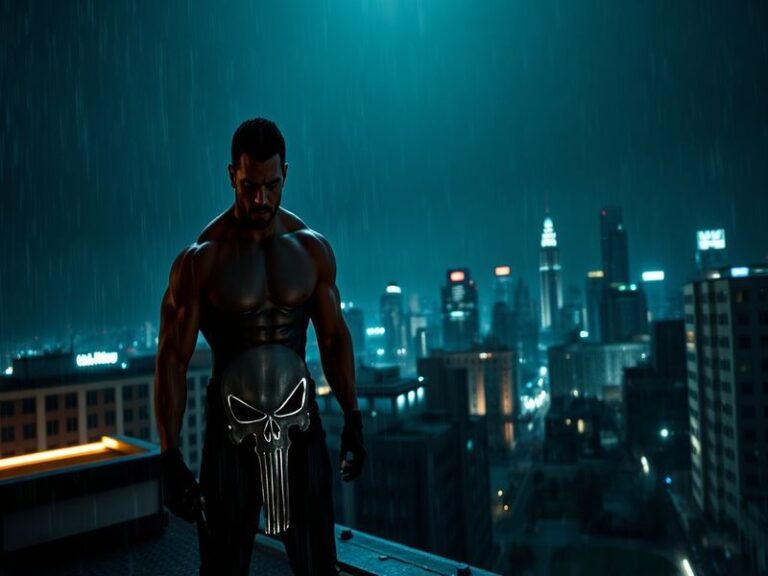 An illustration of The Punisher with his iconic skull logo, set against a gritty urban backdrop, conveying themes of justice