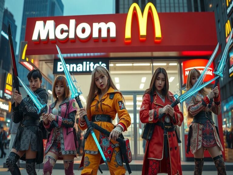 A vibrant McDonald's restaurant with K-pop themed decorations and promotional items, showcasing the fusion of fast food and p