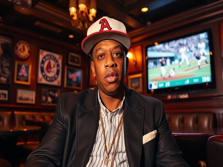 An image of Jay-Z performing on stage, surrounded by vibrant lights and an engaged audience, capturing the energy of a live h