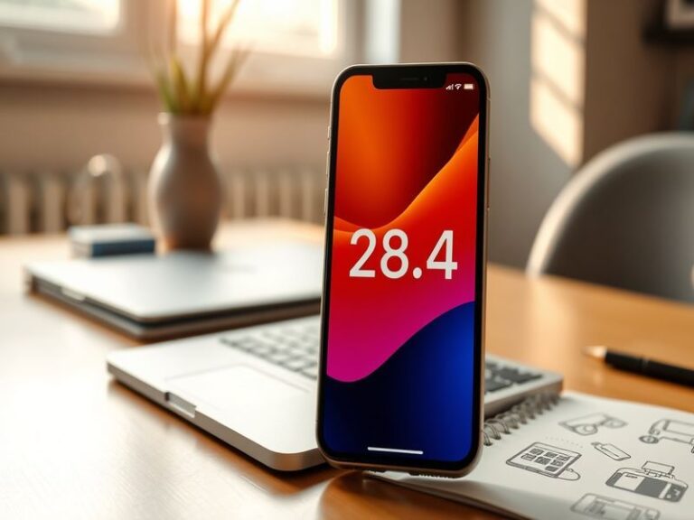 A modern smartphone displaying the new iOS 26.4 interface with vibrant widgets and a sleek design.