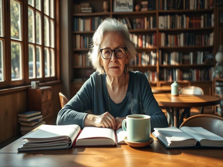 A portrait of Anne Lamott in a cozy, book-filled environment, reflecting her literary persona with a warm and inviting atmosp