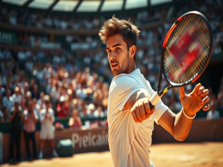 A dynamic image of Arthur Fils in action on the tennis court, showcasing his powerful serve and focused expression.