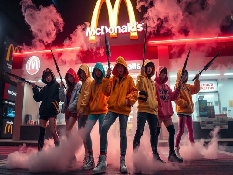 An illustration featuring K-Pop idols dressed as demon hunters enjoying McDonald's meals, vibrant colors, and dynamic poses.