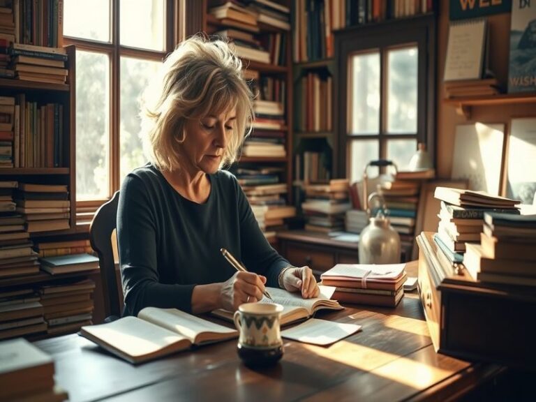 A warm portrait of Anne Lamott, sitting at a desk filled with books, with a thoughtful expression, reflecting her literary sp