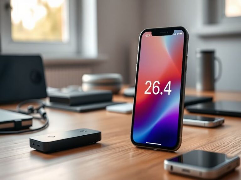 A sleek iPhone displaying the new iOS 26.4 interface, showcasing vibrant widgets and a modern layout in a bright, tech-inspir