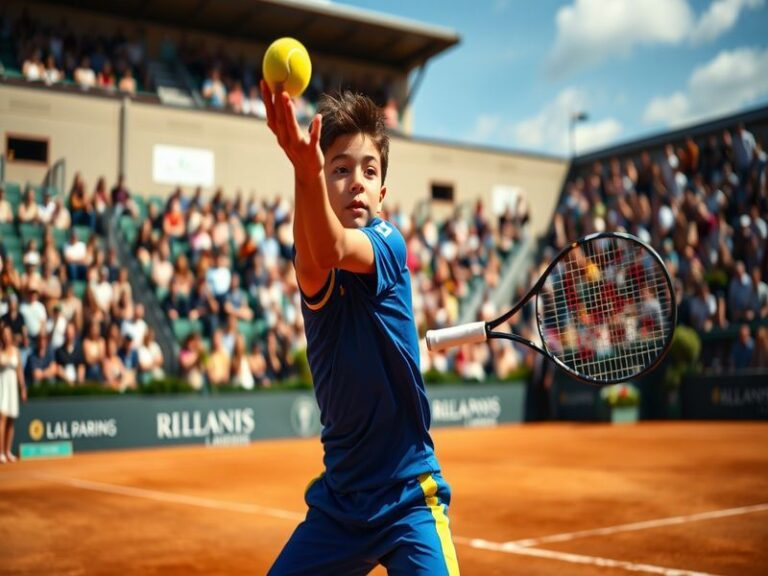 A dynamic action shot of Arthur Fils playing tennis, showcasing his athleticism and focus during a match.