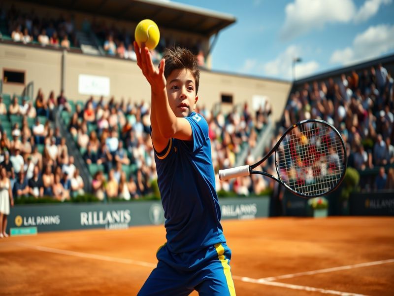 A dynamic action shot of Arthur Fils playing tennis, showcasing his athleticism and focus during a match.