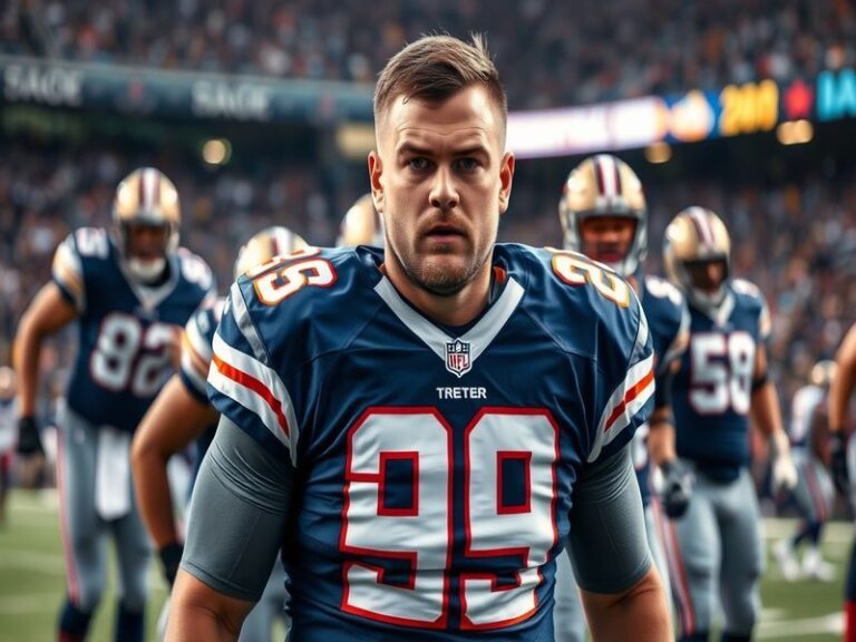 An action shot of JC Tretter on the field during a game, showcasing his determination and focus, with teammates in the backgr